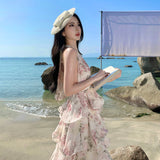 French Holiday Dress Women Pure Desire Sexy Back Hanging Neck Chiffon Print Cake Long Dress Temperament Birthday Dress