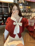 New Year Red Sweet Lace Sweater Coat Women Autumn And Winter Bow Tie With Open Shirt On Top