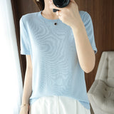 2026 Spring New Pure Cotton Sweat-Sucking T-Shirt Women's Round Collar Collar Head Short-Sleeved Knitwear