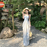 French Pure Blue And White Porcelain Holiday Style Dress Temperament Waist Thin Sling Skirt Screen Printing Seaside Dress