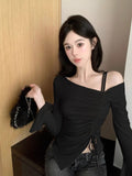 Pure Style Out Of The Shoulder Irregular Design T-Shirt 2026 Autumn New Slim Drawstring Thin Bottom Top