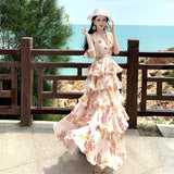 French Holiday Dress Women Pure Desire Sexy Back Hanging Neck Chiffon Print Cake Long Dress Temperament Birthday Dress