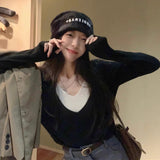 Fake Two New Autumn V-Neck Knitted Shirt Women Design Feel Solid Color Inside The Long Sleeve Bottom Top