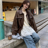 Vintage Bow Leather Coat Female Autumn New Hottie Casual Loose Pu Leather Jacket Temperament Top