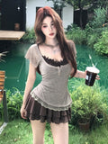 Large-Size Fat MM French Retro Lace Splicing Sling T-Shirt For Women's Summer New High-Rise Slimming Skirt Set