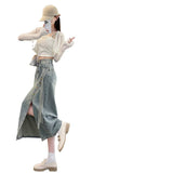 New Chinese-Style Cowboy Half-Dress Woman In The Autumn Of 2025 Thin High-Waist Long-Winded National Style A-Word Open Forked Bag Hip Skirt