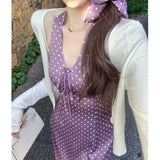 Purple Wave Spot Hanging Neck Dress Women Summer High-End Feel Dress Hottie Wind Bag Hip Dress