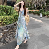 Seaside Holiday Style Print Small Flying Sleeve Sling Dress Women 2026 Summer New Waist Irregular Fairy Dress