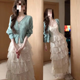Korean Gentle Wind Two Sets Of Mint Green Hollow Open Shirt + Lace Splicing Cake Skirt Female Fashion Suit