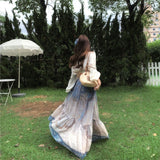 Yunnan Dali Thailand Tourism French Pure Lust Lace Splicing Top Women Summer Vintage Printed Holiday Dress Set