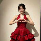 Korean Sweet Hot Spots Hanging Neck Hanging Dress 2026 Women's Summer New Red Sexy Waist Thin Dress