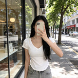 Hottie Pure Lust Wind V-Neck Machine Short-Sleeved Top T-Shirt Girl Short Straight Shoulder Repair Summer Girl Top