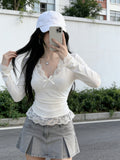 Sweet Hottie Pure Lust Lace Side Long-Sleeved Shirt Girl Early Autumn Wearing A Bottom Shirt Sweet Blouse V Collar Bow
