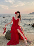 French Beautiful Irregular Lotus Leaf Side Red Sling Dress Female Summer Seaside Atmosphere Temperament Dress