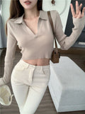 Polo Collar Long-Sleeved T-Shirt Design Short Spring And Autumn New Sexy Hot Umbilly Blouse Thread