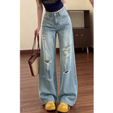 Designing Light Blue To Make Old Ripped Jeans Women's Summer High Street Broad-Legged Trousers Cool Breeze Straight Trousers