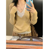 Fake Two New Autumn V-Neck Knitted Shirt Women Design Feel Solid Color Inside The Long Sleeve Bottom Top
