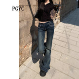 Yi Mengling With A Deep Blue Ultra-Low-Waisted Horn Jeans Women 2025 New Micro-Horn Pants