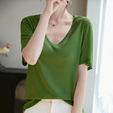 Lyselle Tiansi 2026 Spring And Summer Women's New Short-Sleeved V-Neck Solid Color T-Shirt Short-Sleeved Sleeves Comfortable T-Shirt