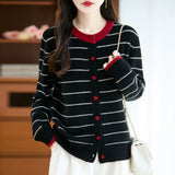 100% Pure Wool 2026 Autumn And Winter New Women's Loose Round-Collar Striped Buckle Knitted Open Shirt Coat
