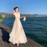 Gentle Wind Romantic Sleeveless V-Neck Hanging Neck Dress Design Twistle Folds To The Waist Dress Seaside Skirt