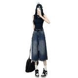 Vintage Do Old Fur Side Denim Shorts Women Summer High Waist Display Thin Straight Legs Drag Seven Points In The Pants