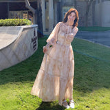 French Style Collar Bubble Sleeve Chiffon Floral Dress Women's Spring And Autumn Fairy Dress First Love Gentle Fengsen Long Dress