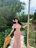 French Sweet Romantic Style Word Shoulder Floral Dress Women's Summer Resort Style Bag Fishtail Dress Set