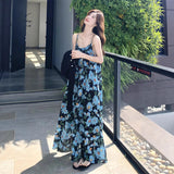 2025 New French Seaside Holiday Dress Textured Blue Color Sleeveless Sling Dress Women's Summer