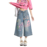 Graffiti Denim Seven-Point Trousers Women's Summer Trend New Broad-Legged Trousers Loose Straight Street Casual Shorts