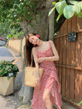 French Irregular Design Floral Sling Dress Women's Seaside Holiday Wind Showing Thin Open Fork A-Word Dress