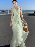 High-End Feeling Sleeveless V-Neck Hanging Neck Dress Gentle Temperament Wood Ear Side By-Back Seaside Beach Dress Super Fairy