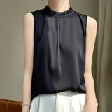 Silk Satin 2026 Summer New Women's Clothing Collar Sleeveless Vest T-Shirt Repair Body With A Half-Sleeve