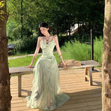 French Holiday Wind Mint Green Crumid Hanging Dress Female Summer Lotus Leaf Side Waist Design Super Fairy Temperament Dress