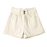 Covered Roll-Side Denim Shorts Women Summer Thin High-Waisted A Word Thin Leather Standard White Broad Legs Wearing Hot Pants