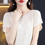 Tiansi 2026 Spring And Summer Women's New Lady Loose Temperament Beads Short-Sleeved T-Shirt Bottom Knitted Half-Sleeved Top