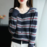 Fine-Woven Wool 2026 Autumn And Winter New Lady Loose Round Collar Striped Embroidered Short Knitted Open Shirt Jacket