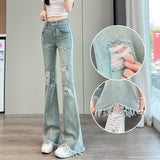 High-Rise Hole Micro-Horn Jeans Women's Spring Summer 2025 New Hair-Throw Slimming Horseshoe Horn Pants