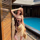 Thai Hottie Island Resort Style Wearing Brown Sexy Bra Strapped Dress Retro Wave Half Skirt Set