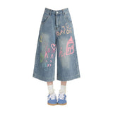 Dopamine Wears Graffiti Cowboy Sevens Women's Summer Broad Legs Mids Loose Straight Street Casual Shorts