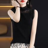 Fine-Woven Wool 2026 Spring And Summer Women's New Short Repair Body Half-High Collar Wood Ear Lace With Knitted Sleeveless Vest