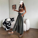 Cement Ash Fork Cowboy Dress Girl Autumn Winter High-Waisted A Word Shading Pear Shape Medium Long Skirt