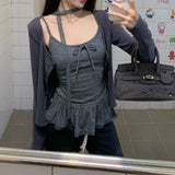 Sweet Style Long-Sleeved Shirt Coat Women's New Autumn With Wave Dot Lace Side Sling Two Sets Of Tops
