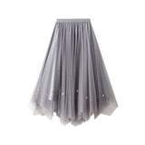 Nail-Beaded Mesh Dress Girl's New High-Waisted Thin Irregularly Folded Skirt A-Shaped Skirt 9816