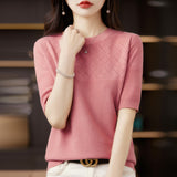 Wool Blending 2026 Autumn And Winter New Women's Round Collar Collar Drawing Solid Color Hollow Top Five-Sleeve Knitted Shirt