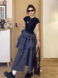 Korean Ins Fashion Short-Sleeved Lattice Dress Feline Dress Felined Summer Temperament Design Sense Multi-Layer Dress Open Fork Cake Dress