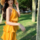 Holiday Wind Hanging Neck Dress Yellow White Multi-Layer Lotus Leaf Bright Silk Dress Beautiful Beach Dress
