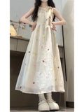 Sweet Style Temperament Bow Tie With Hanging Neck Sling Dress Female Super Fairy Waist Clear Thin Cold Feeling Long Skirt