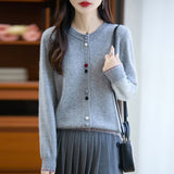 100% Pure Wool 2026 Autumn And Winter New Lady Loose Collar Design Color Buckle Top Knitted Cardigan Jacket