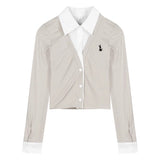 Polo Collar Embroidered Long-Sleeved Open-Shirt Women's Spring And Autumn Design Shirt Splicing Short-Term Fake Two-Piece Top